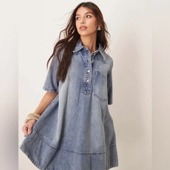 Free People Remino Denim Mini Dress in Ocean Blue - Picture 2 of 9